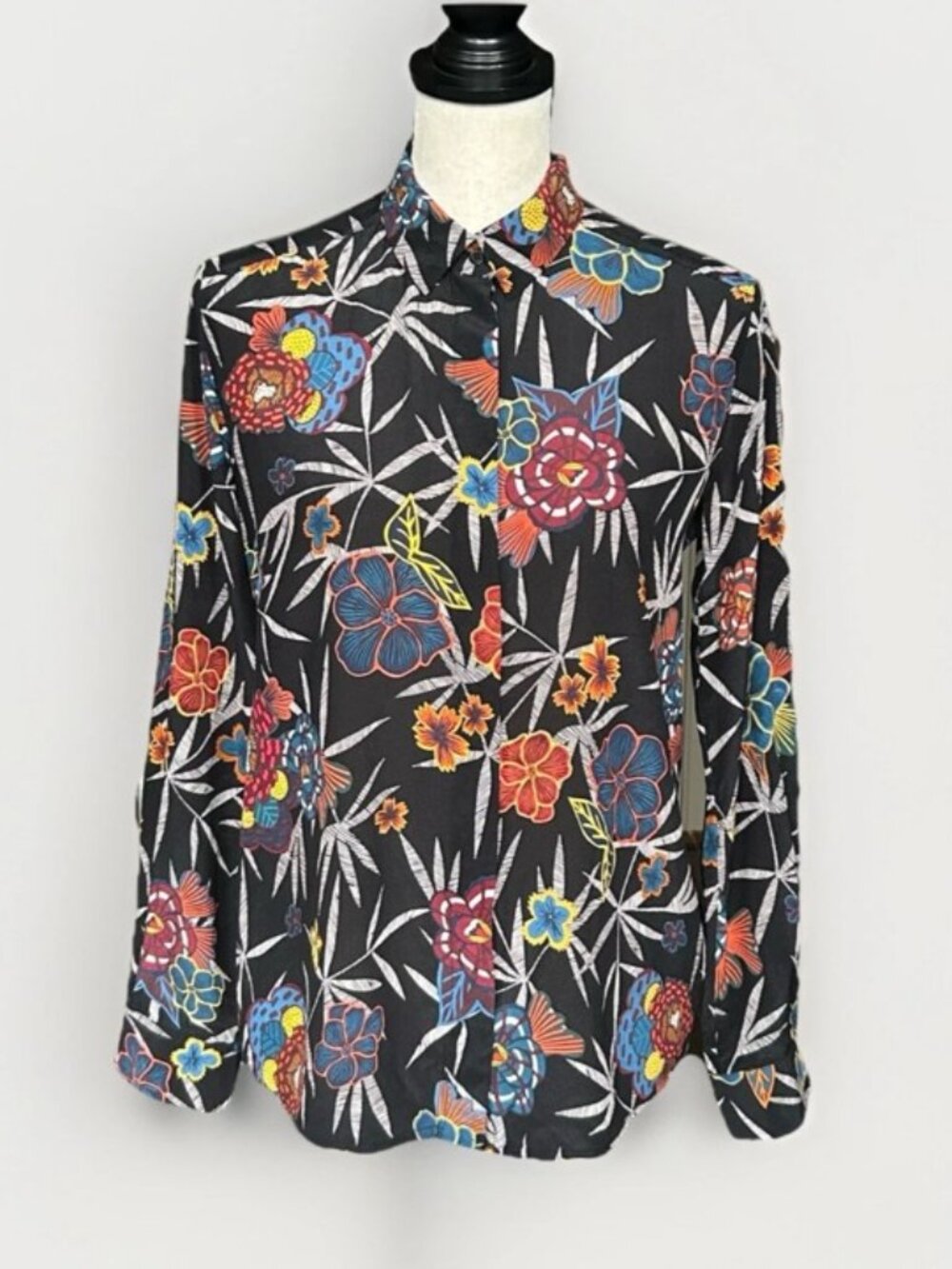& Other Stories 100% Silk Black Floral Blouse Long Sleeve Romantic Chic Sz 6